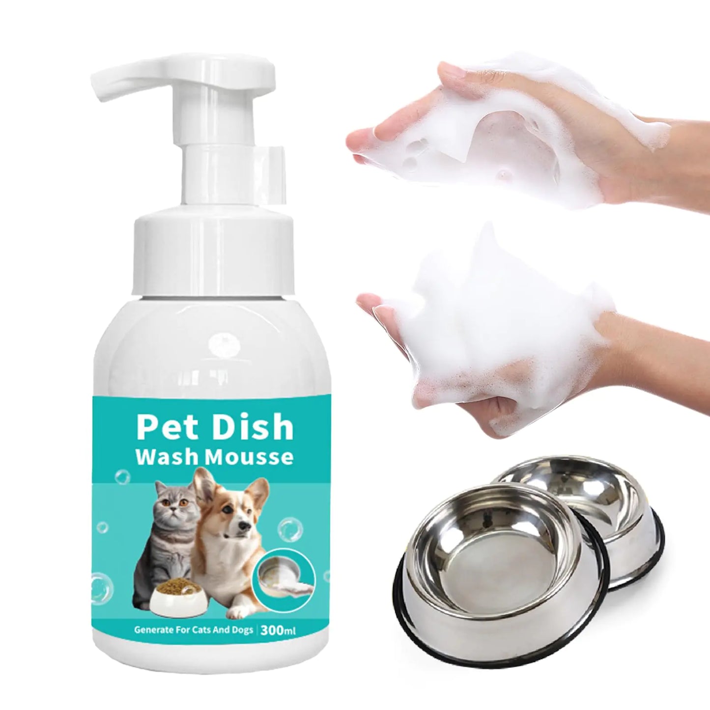 Pet bowl cleaning mousse in pump bottle