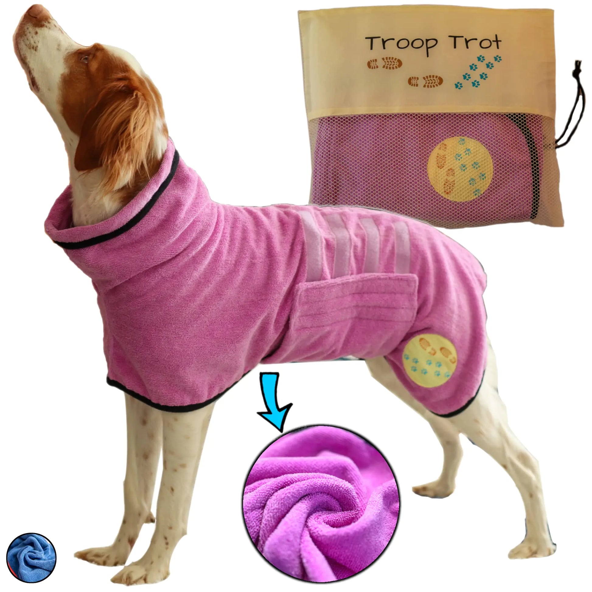 Troop Trot microfiber dog bathrobe – pink – front view